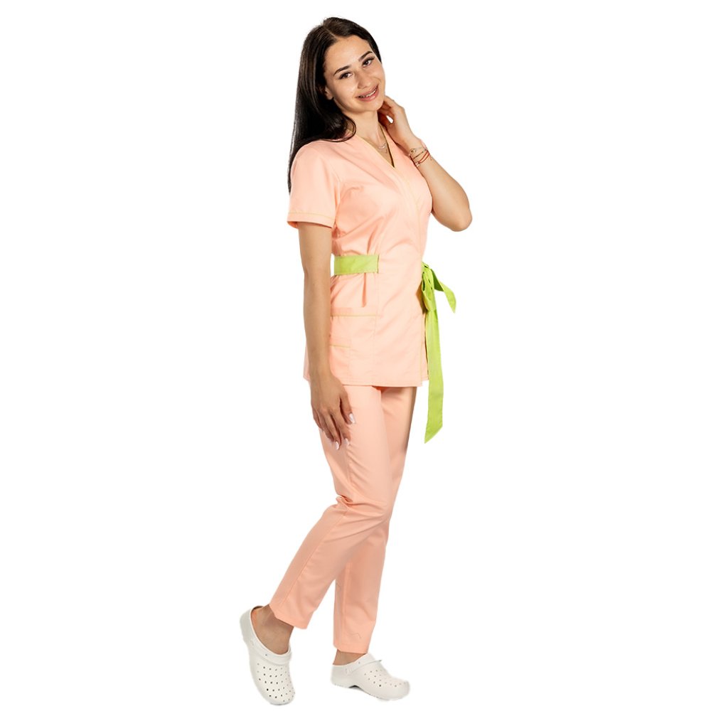 Kimono w kolorze brzoskwiniowym z limonkową lamówką i sznurkiem do kokardki