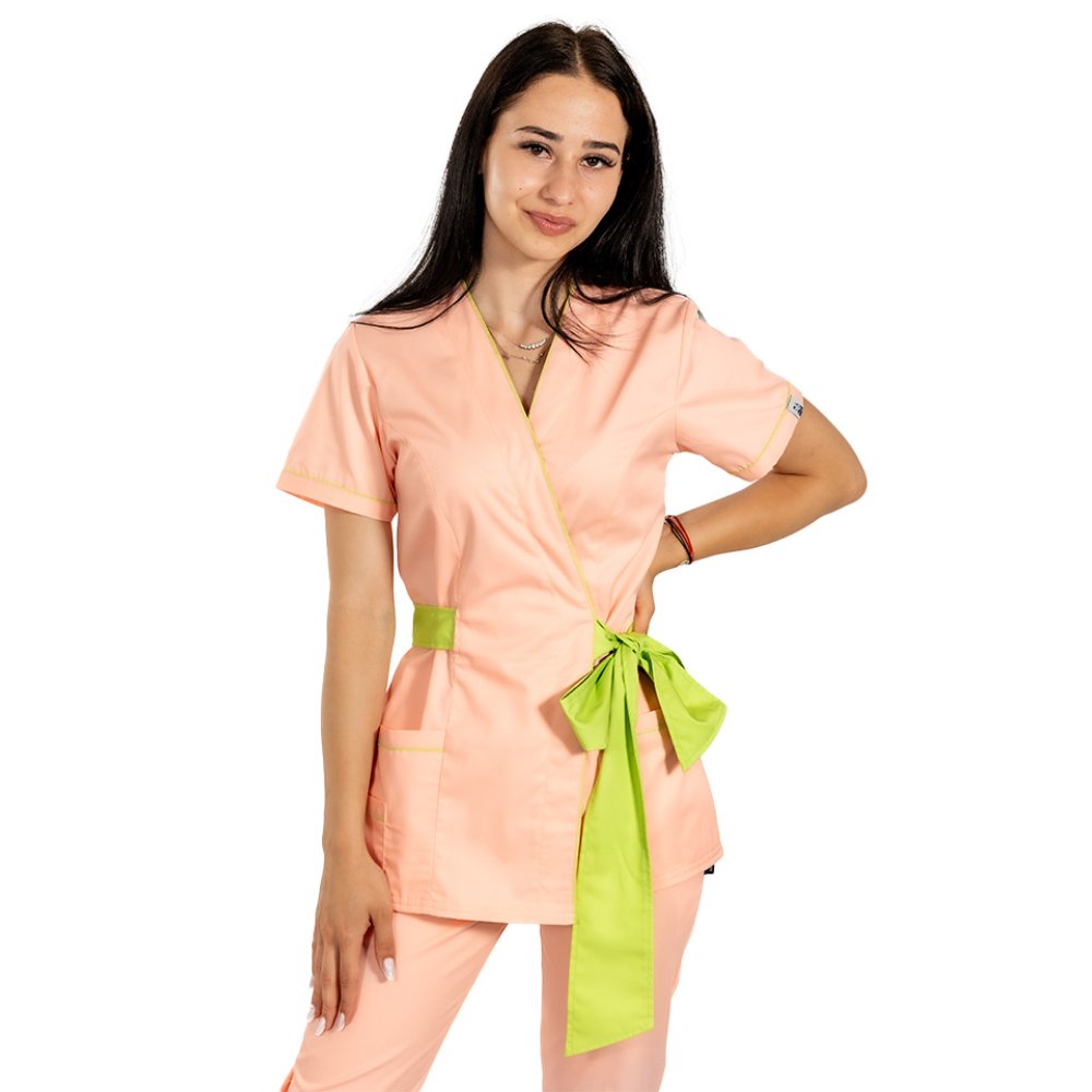 Kimono w kolorze brzoskwiniowym z limonkową lamówką i sznurkiem do kokardki