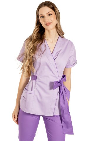 Kimono w kolorze liliowym z fioletowymi lamówkami i sznurkiem do wiązania