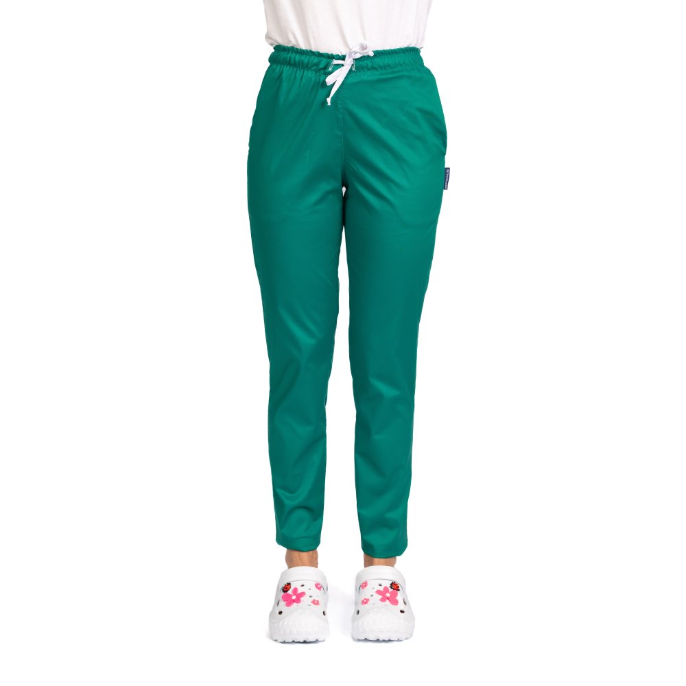 Zielone spodnie medyczne chirurgiczne z gumką i dwiema bocznymi kieszeniami