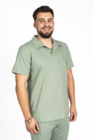 Męski, oliwkowy, elastyczny kombinezon medyczny polo z bluzką z dekoltem w serek i spodniami typu jogger, ze ściągaczem i gumką