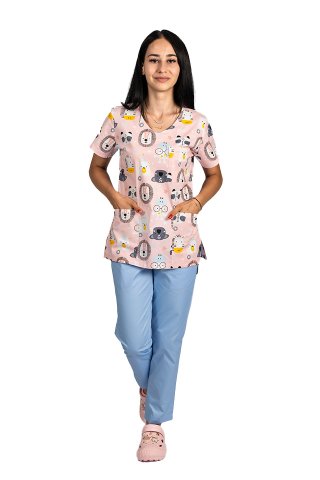 Fartuch medyczny z nadrukiem lwa i trzema kieszeniami naszywanymi 