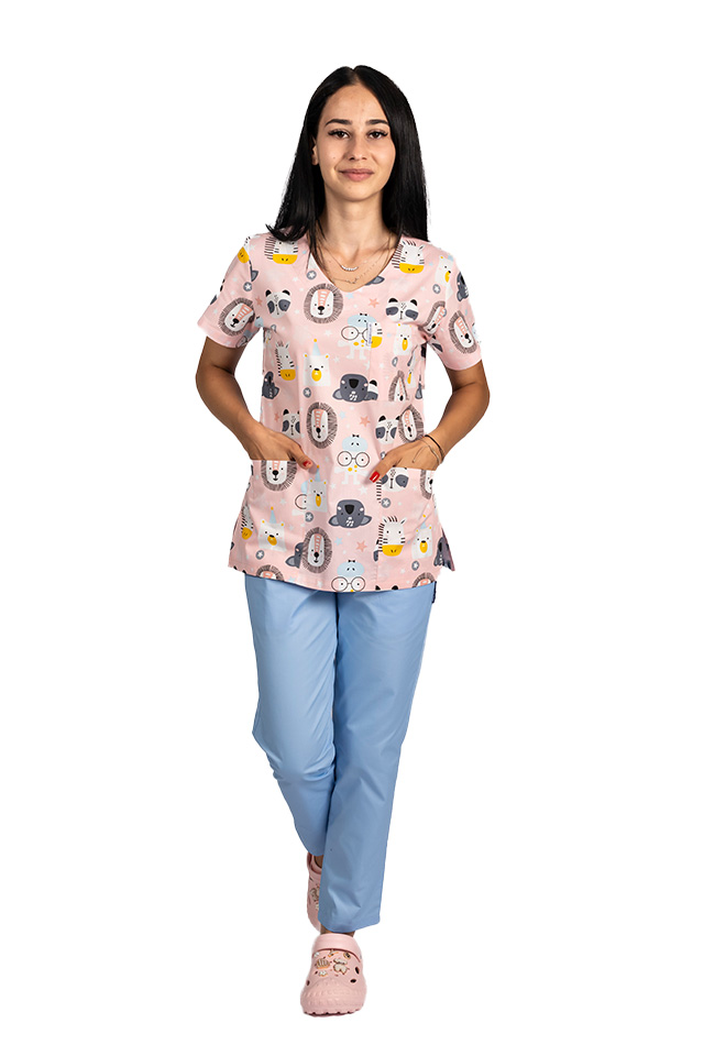 Strój medyczny lew z bluzką z nadrukiem i spodniami na gumce