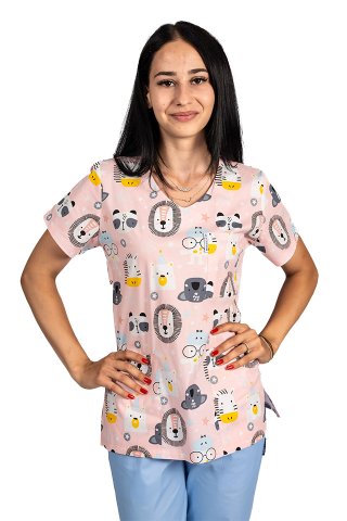 Fartuch medyczny z nadrukiem lwa i trzema kieszeniami naszywanymi 