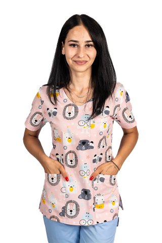 Fartuch medyczny z nadrukiem lwa i trzema kieszeniami naszywanymi 