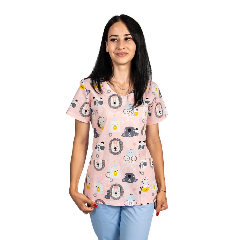 Fartuch medyczny z nadrukiem lwa i trzema kieszeniami naszywanymi 