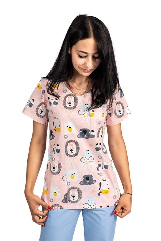 Fartuch medyczny z nadrukiem lwa i trzema kieszeniami naszywanymi 