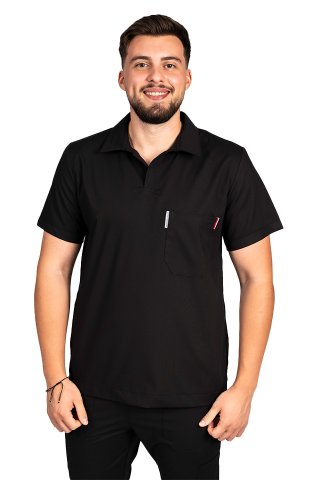 Męski czarny elastyczny kombinezon medyczny polo z bluzką z dekoltem w serek i spodniami typu jogger, ze ściągaczem i gumką