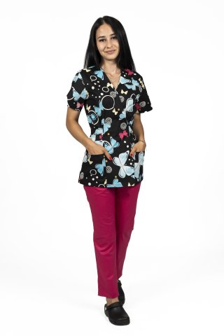 Czarny kimonowy kombinezon medyczny z motylem, z bluzką z nadrukiem i spodniami na gumce