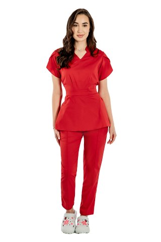 Kombinezon medyczny Alina elastyczny, kolor czerwony, bluzka ze ściągaczem i spodnie ze ściągaczem i gumką
