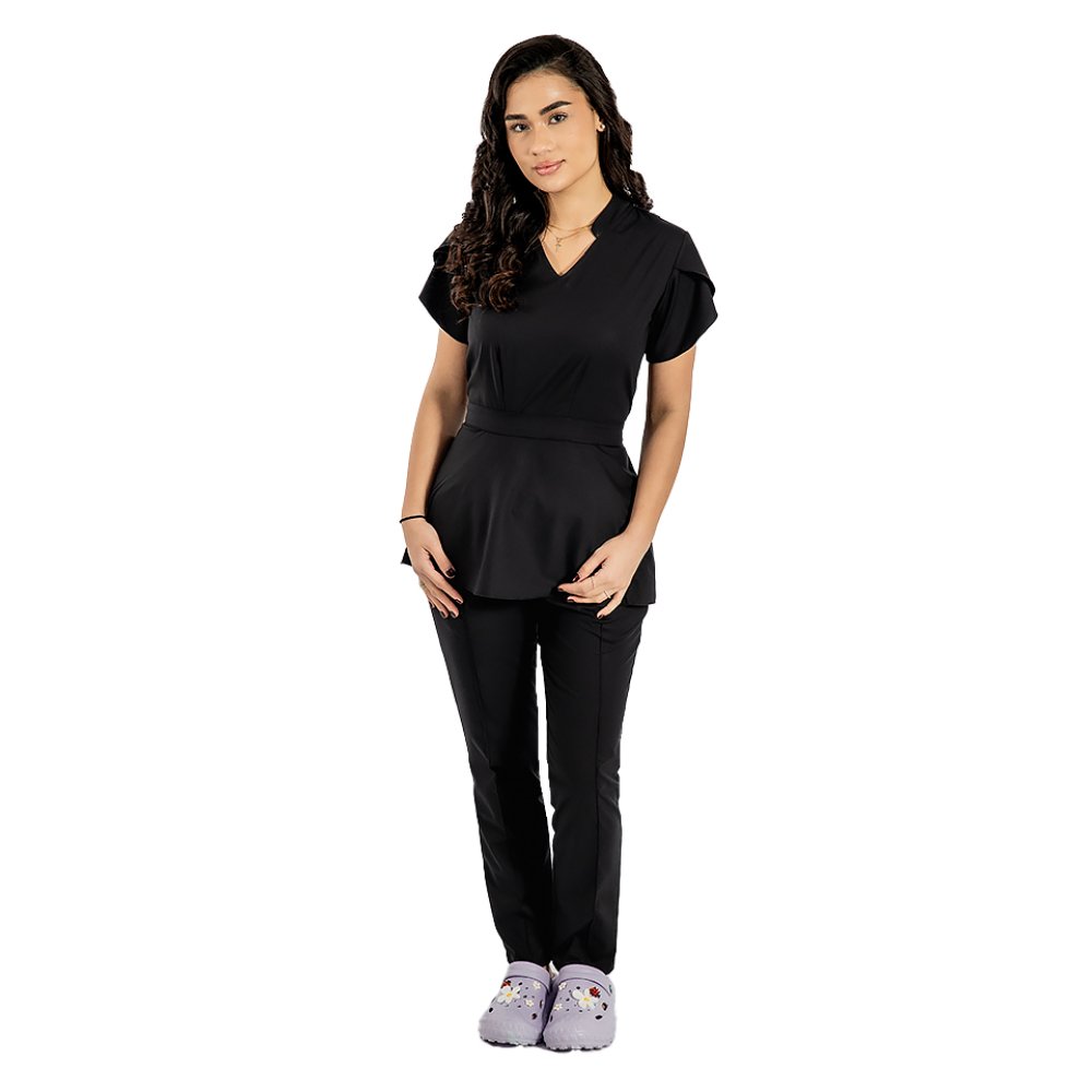 Kombinezon medyczny Alina elastyczny, kolor czarny, bluzka ze ściągaczem i spodnie ze ściągaczem i gumką