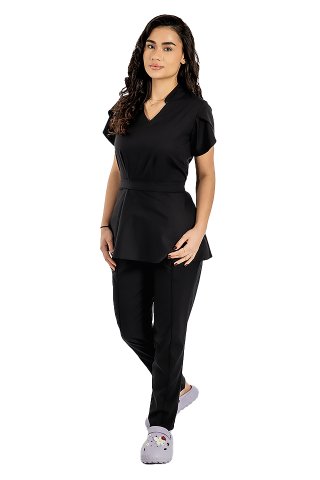 Kombinezon medyczny Alina elastyczny, kolor czarny, bluzka ze ściągaczem i spodnie ze ściągaczem i gumką