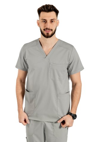 Męski szary elastyczny kombinezon medyczny z bluzką z dekoltem w serek, ściągaczem i spodniami ze ściągaczem