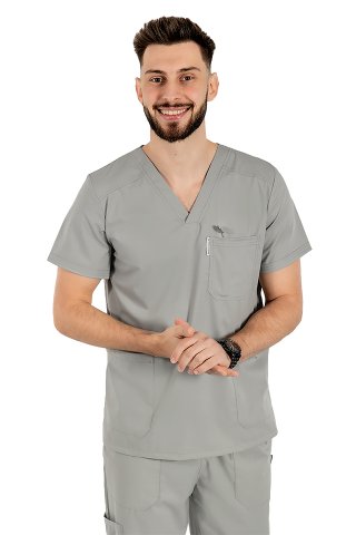 Męski szary elastyczny kombinezon medyczny z bluzką z dekoltem w serek, ściągaczem i spodniami ze ściągaczem