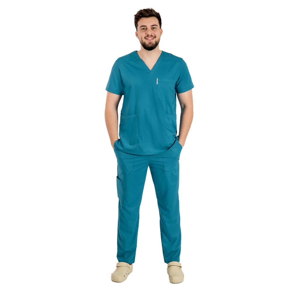 Męski kombinezon medyczny w kolorze aqua stretch z bluzką z dekoltem w serek, ściągaczem i spodniami z elastycznej tkaniny