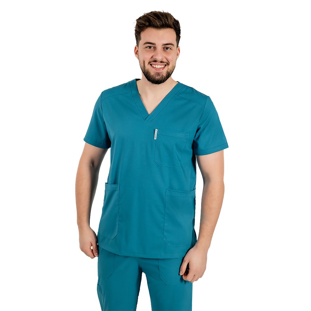 Męski kombinezon medyczny w kolorze aqua stretch z bluzką z dekoltem w serek, ściągaczem i spodniami z elastycznej tkaniny