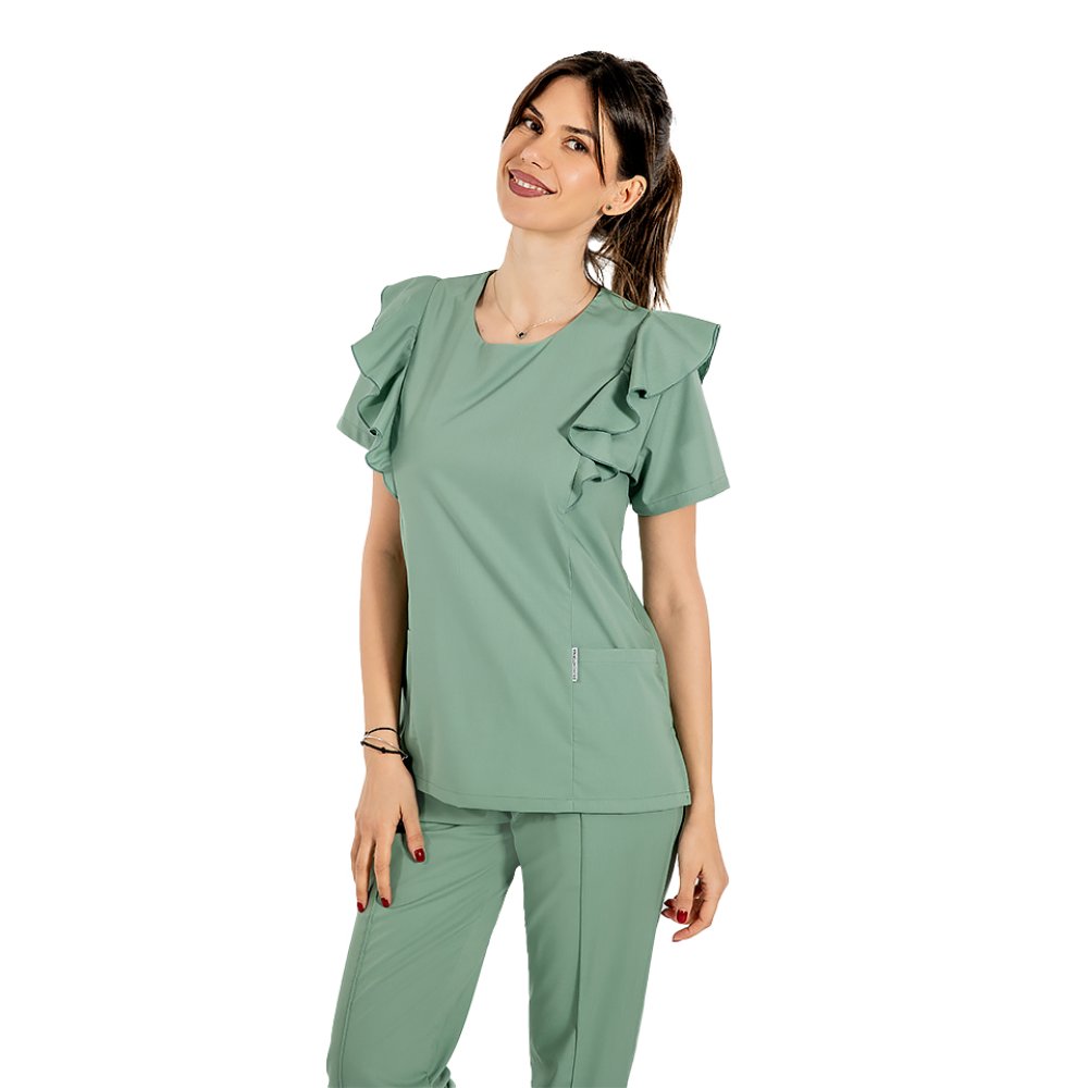 Kombinezon medyczny Cristina, elastyczny, kolor oliwkowy, bluzka z falbankami i spodnie ze ściągaczem i gumką