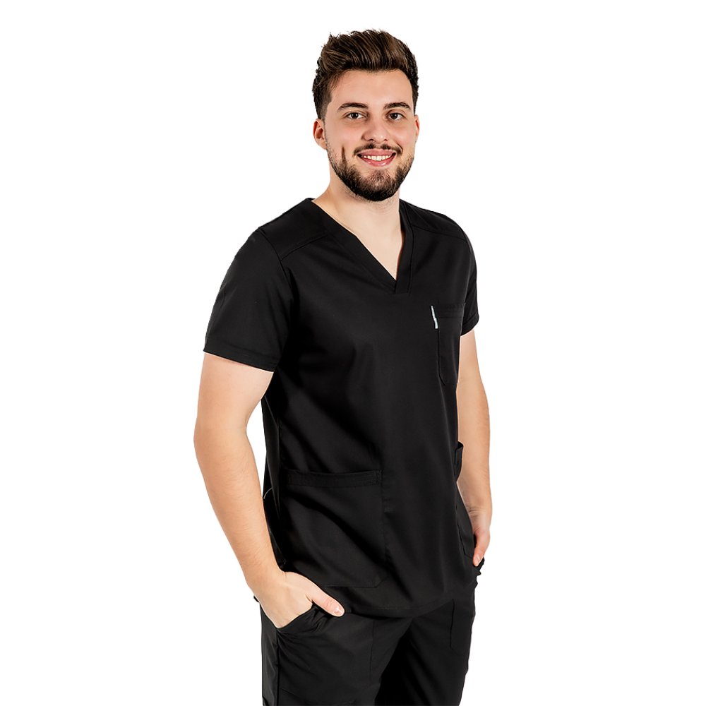 Męski czarny elastyczny kombinezon medyczny z bluzką z dekoltem w serek, ściągaczem i spodniami ze ściągaczem Męski czarny elastyczny kombinezon medyczny z bluzką z dekoltem w serek, ściągaczem i spodniami ze ściągaczem