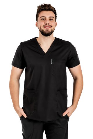 Męski czarny elastyczny kombinezon medyczny z bluzką z dekoltem w serek, ściągaczem i spodniami ze ściągaczem