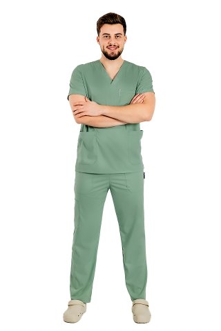 Męski oliwkowy elastyczny kombinezon medyczny z bluzką z dekoltem w serek, ściągaczem i spodniami ze ściągaczem