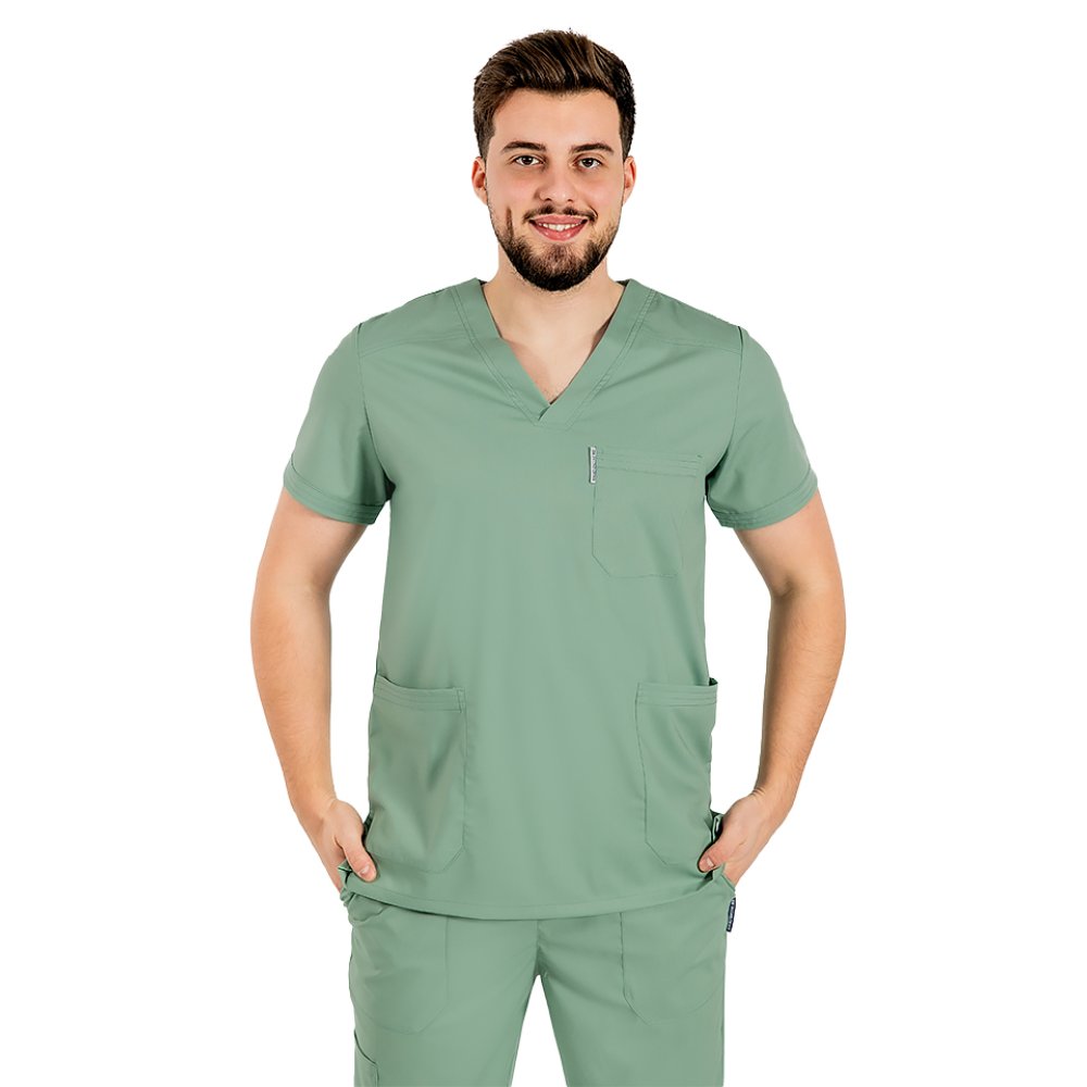 Męski oliwkowy elastyczny kombinezon medyczny z bluzką z dekoltem w serek, ściągaczem i spodniami ze ściągaczem Męski oliwkowy elastyczny kombinezon medyczny z bluzką z dekoltem w serek, ściągaczem i spodniami ze ściągaczem