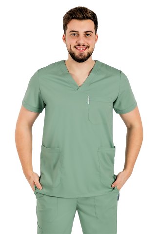 Męski oliwkowy elastyczny kombinezon medyczny z bluzką z dekoltem w serek, ściągaczem i spodniami ze ściągaczem