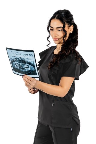 Kombinezon medyczny Cristina, rozciągliwy, kolor czarny, bluzka z falbankami i spodnie ze sznurkiem i gumką