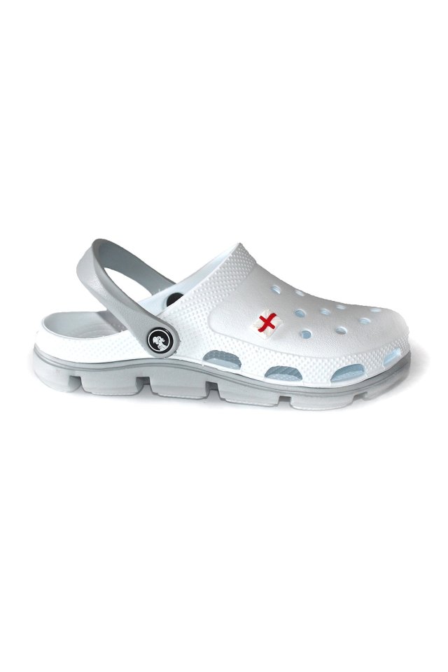 Biało-szare profesjonalne chodaki medyczne z pianki EVA - model unisex, z aplikacjami