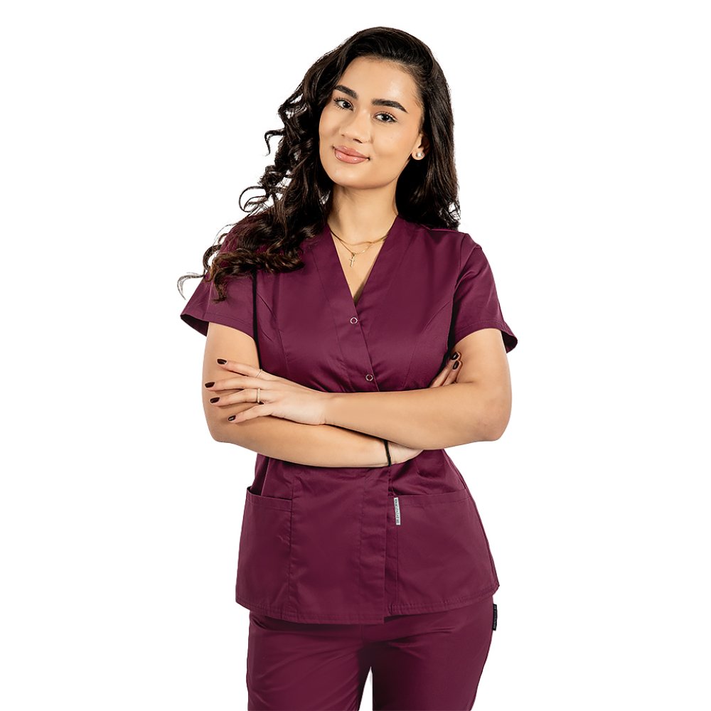 Kombinezon medyczny wiśniowy, z bluzką kimono i elastycznymi spodniami wiśniowymi