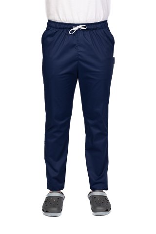 Spodnie medyczne męskie granatowe z elastanem, z gumką i dwiema kieszeniami bocznymi