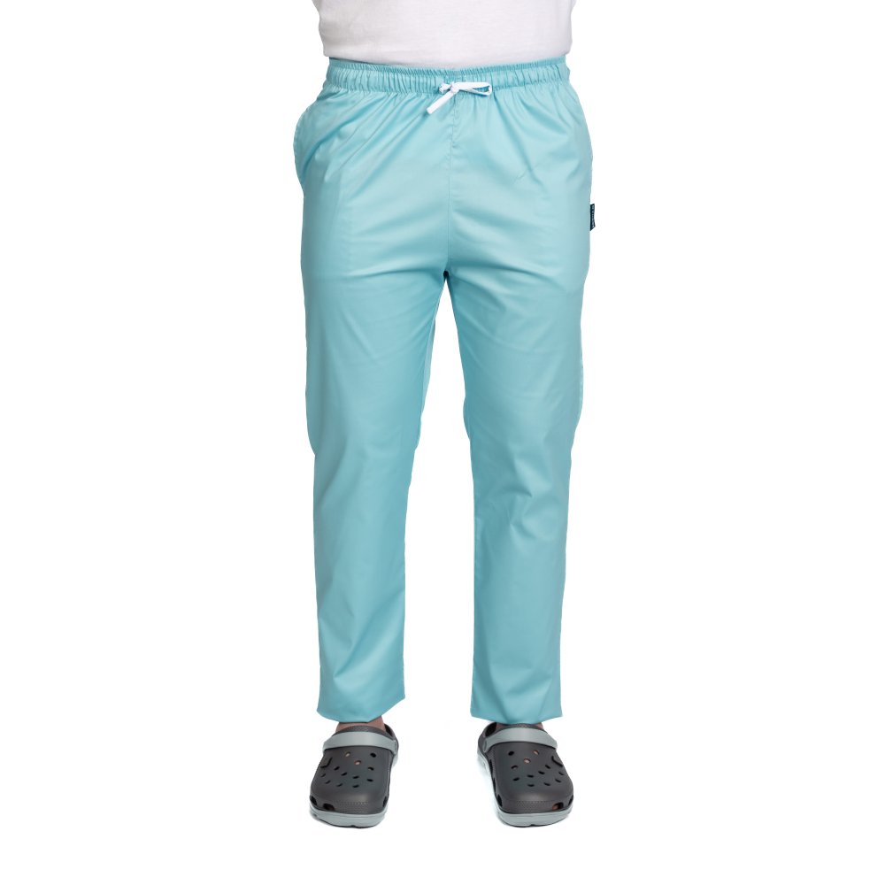 Spodnie medyczne męskie w kolorze miętowym z dodatkiem elastanu, ze ściągaczem w pasie i dwiema kieszeniami bocznymi