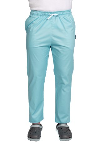 Spodnie medyczne męskie w kolorze miętowym z dodatkiem elastanu, ze ściągaczem w pasie i dwiema kieszeniami bocznymi