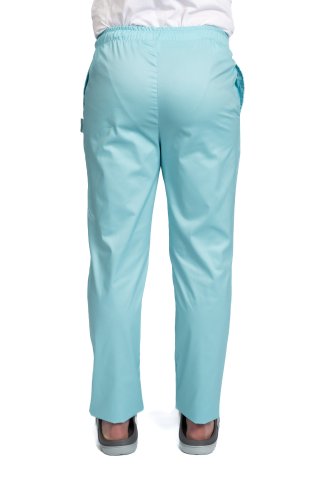 Spodnie medyczne męskie w kolorze miętowym z dodatkiem elastanu, ze ściągaczem w pasie i dwiema kieszeniami bocznymi