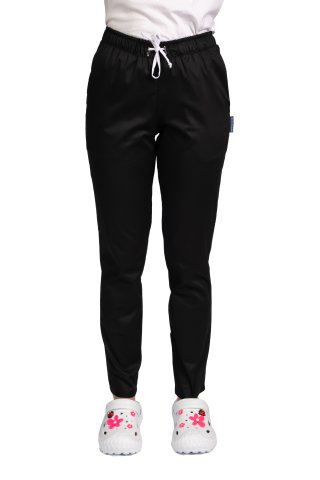 Czarne spodnie medyczne z gumką i dwiema bocznymi kieszeniami