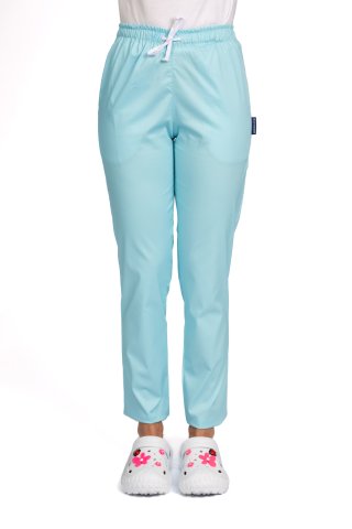 Miętowe spodnie medyczne z gumką i dwiema bocznymi kieszeniami