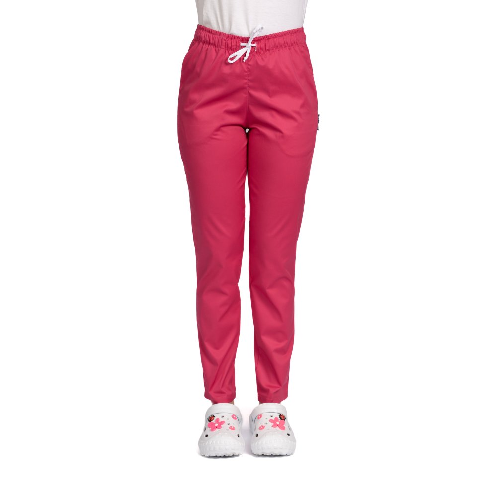 Spodnie medyczne z elastanem cyklamowym, model damski, ze ściągaczem i dwiema kieszeniami bocznymi