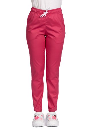 Spodnie medyczne z elastanem cyklamowym, model damski, ze ściągaczem i dwiema kieszeniami bocznymi