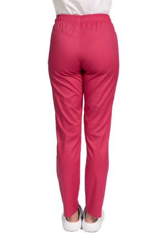 Spodnie medyczne z elastanem cyklamowym, model damski, ze ściągaczem i dwiema kieszeniami bocznymi