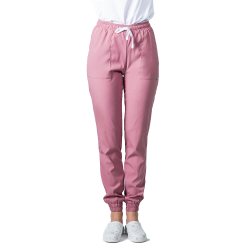 Spodnie medyczne typu jogger w kolorze pudrowego różu, ze sznurkiem i gumką w pasie i kostce