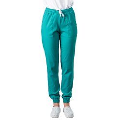 Turkusowo-zielone spodnie medyczne typu jogger ze stretchem, ze sznurkiem i gumką w pasie i kostce