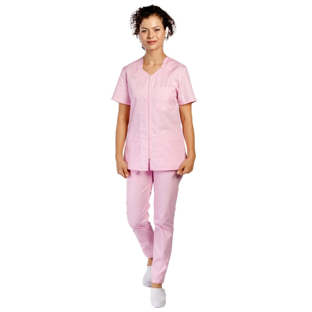Szlafrok medyczny z jasnoróżowym zamkiem, łukowatymi i trzema nakładanymi kieszeniami