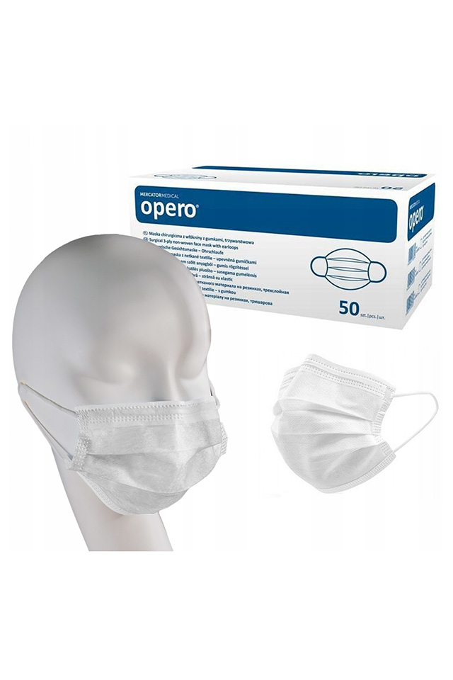 Maseczki chirurgiczne medyczne typu IIR, 3-warstwowe, z gumką, 50 szt. w opakowaniu, kolor biały