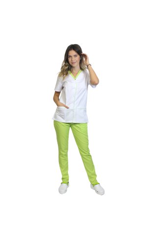 Kombinezon medyczny składający się z białej bluzki z limonkowym paspolem i limonkowych spodni z gumką