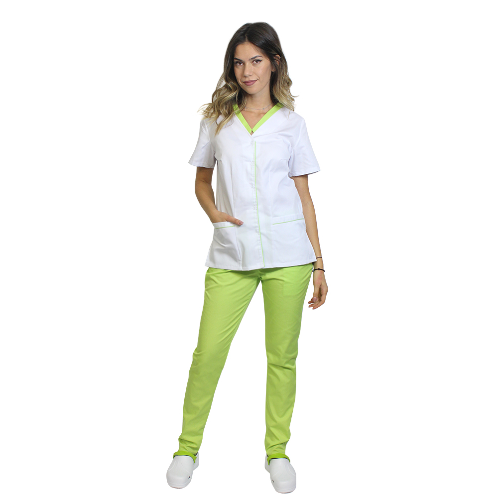 Kombinezon medyczny składający się z białej bluzki z limonkowym paspolem i limonkowych spodni z gumką