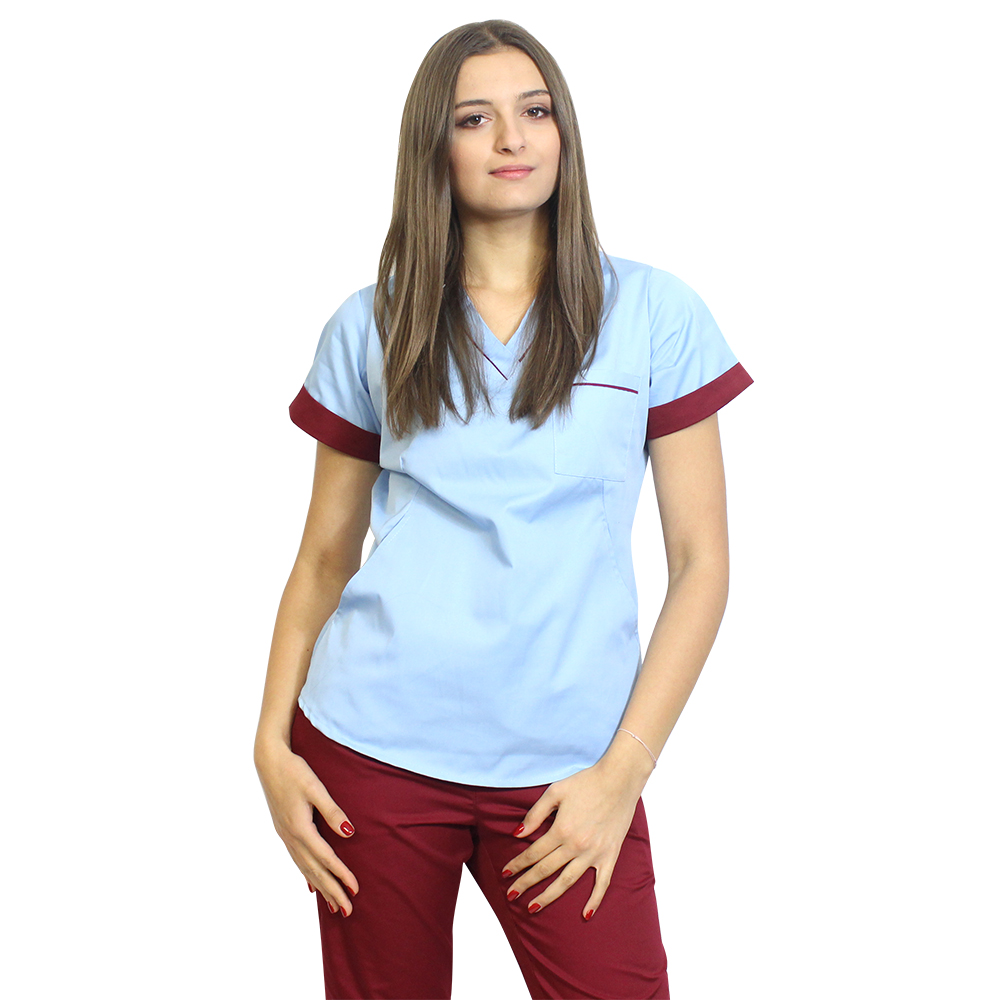 Kombinezon medyczny składający się z bluzki bleo z bordowym paspolem i spodni bleo, model Amani