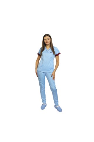 Kombinezon medyczny składający się z bluzki bleo z bordowym paspolem i spodni bleo, model Amani