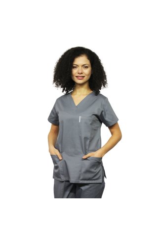 Szary kombinezon medyczny, bluzka z dekoltem w szpic, trzy kieszenie i elastyczne spodnie