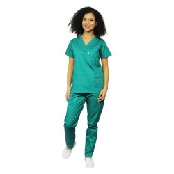 Zielony kombinezon chirurgiczny, z bluzką z dekoltem w szpic i zielonymi spodniami chirurgicznymi