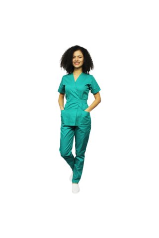 Zielony kombinezon chirurgiczny, z bluzką kimono i elastycznymi spodniami