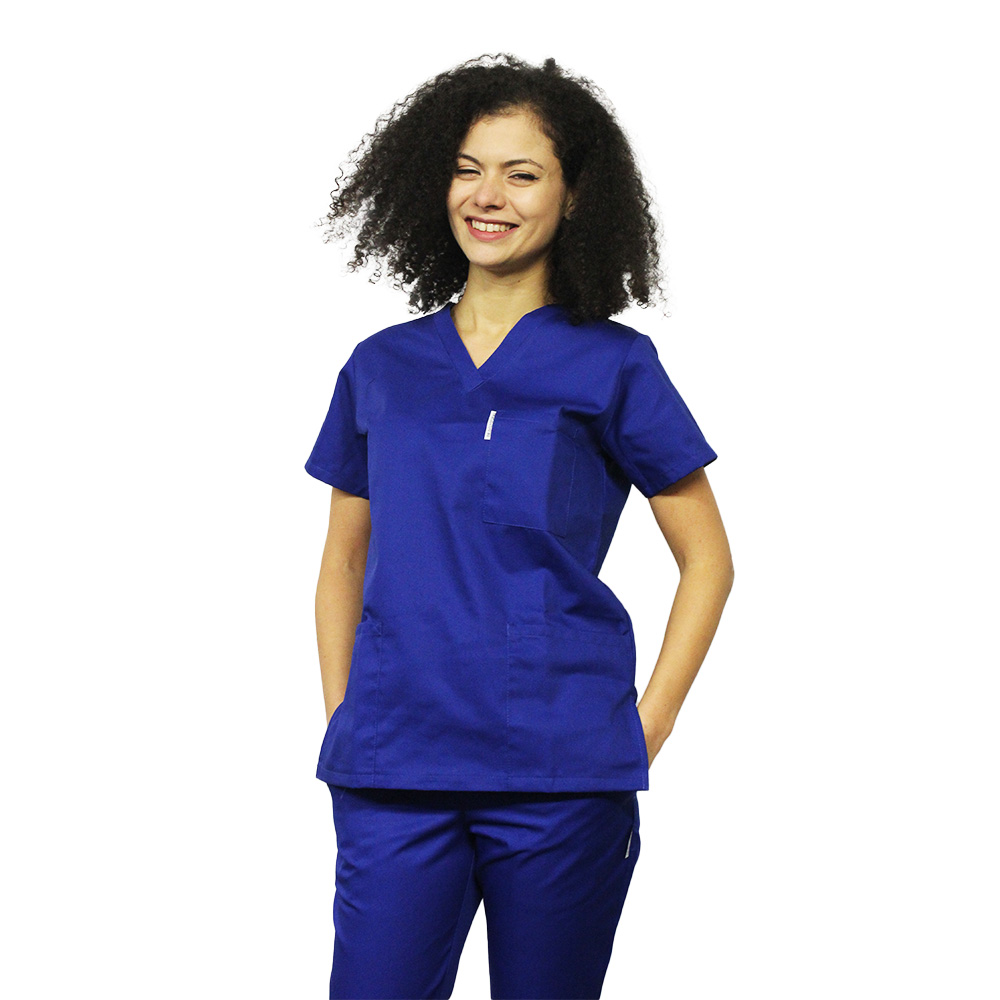 Niebieska suknia medyczna z kotwicą w kształcie litery V i trzema kieszeniami